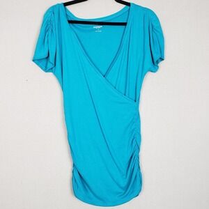 Y2K Express Crossover Sexy Basic Tee Shirt Aqua Blue Ruched V-Neck Fitted Size M